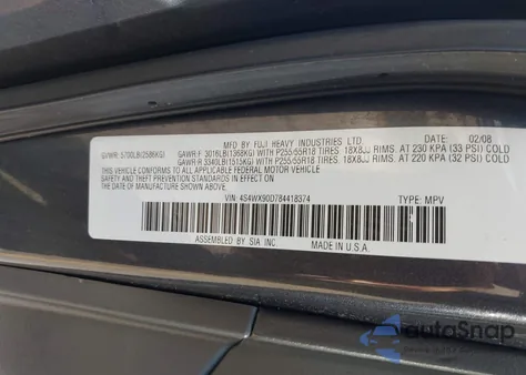 2008 Subaru Tribeca Limited 7-Passenger z USA, uszkodzony, nr VIN 4S4WX90D784418374